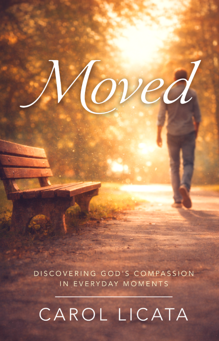 Cover of Moved, a novel by Carol Licata. Cover shows a person from the rear-view angle walking past a bench on a fall day in a tree-lined park.